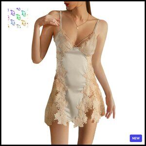 Sexy Pearls Split Padded Velvet Appliques Lace Floral Sheer Mini Lingerie Dress